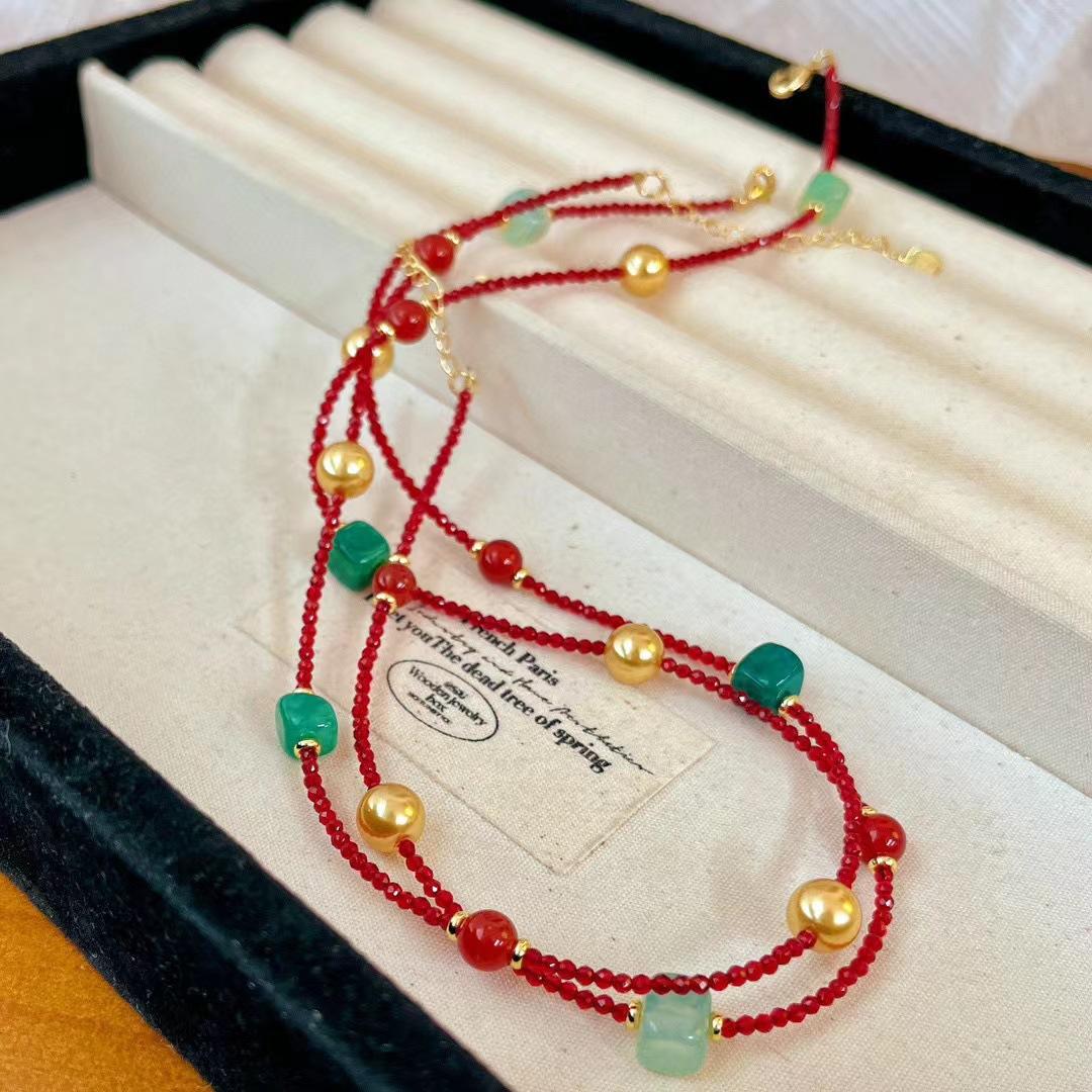 

Retro, New Temperament Elegant Retro Chinese New Year Is Red Festive Pointed Crystal Multi-Treasure Necklace Neck Chain Collarbone