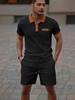 Summer Men's Waffle Knit Color Block Casual Set with Lapel and Shorts