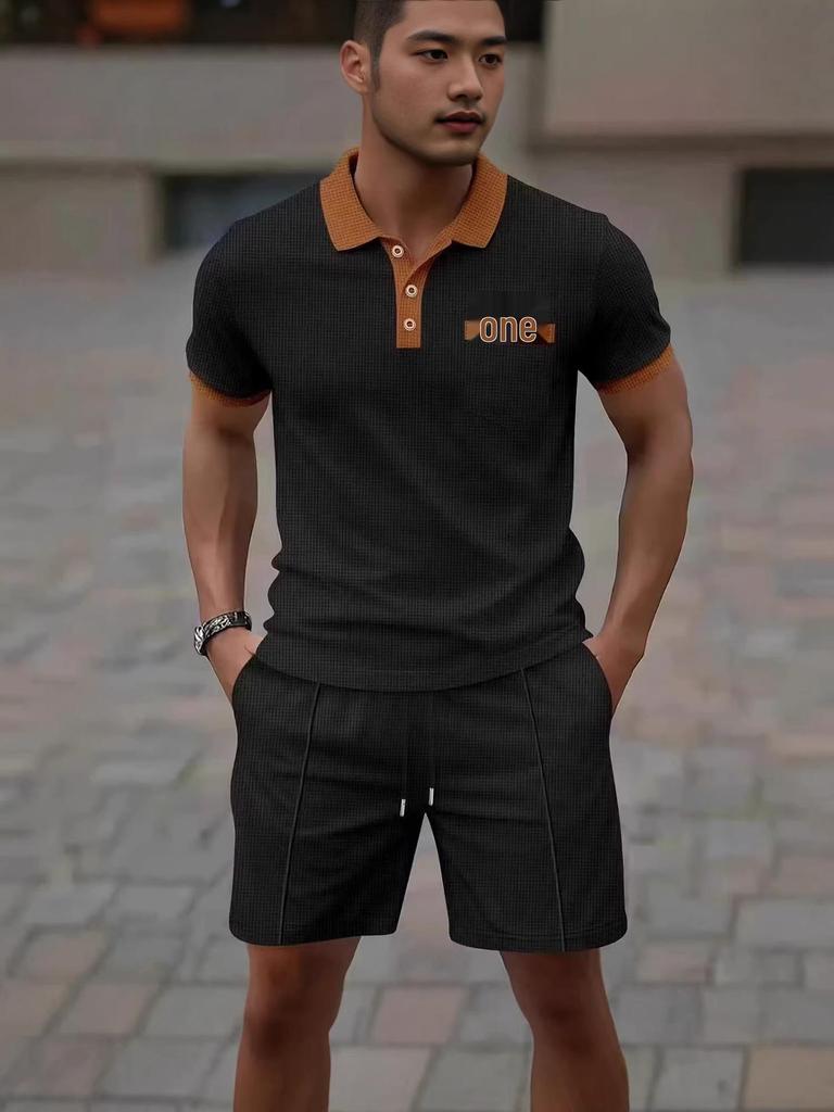 Summer Men's Waffle Knit Color Block Casual Set with Lapel and Shorts