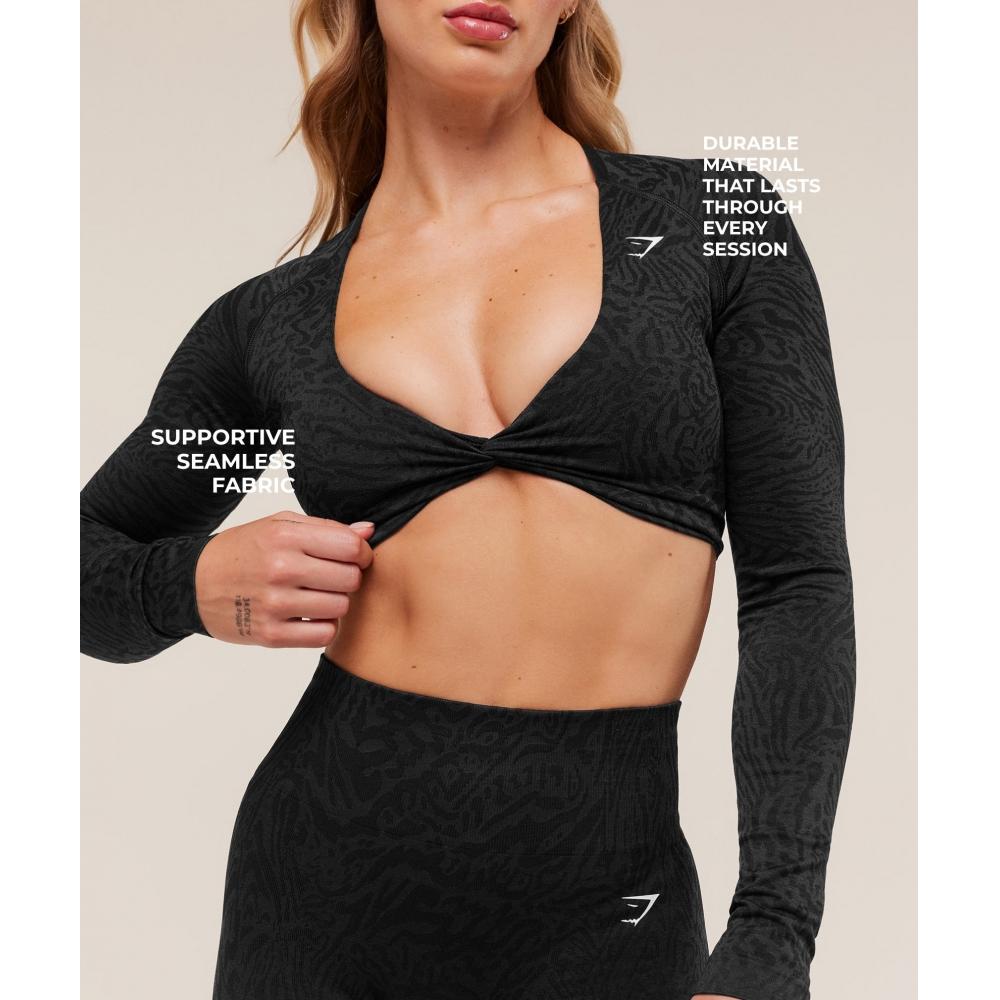 Gymshark Adapt Animal Long Sleeve Crop Top Black Asphalt Grey B4c2z Bc2w
