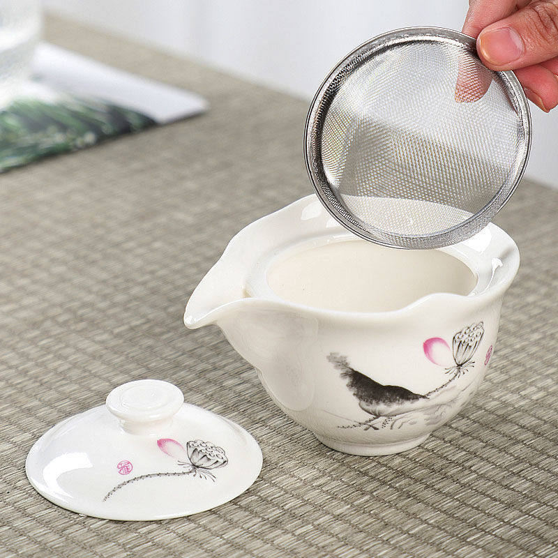 Anti-scalding teapot ceramic cover bowl large tea cup Kung Fu tea set Sancai Pu'er tea bowl hand-held teapot white porcelain