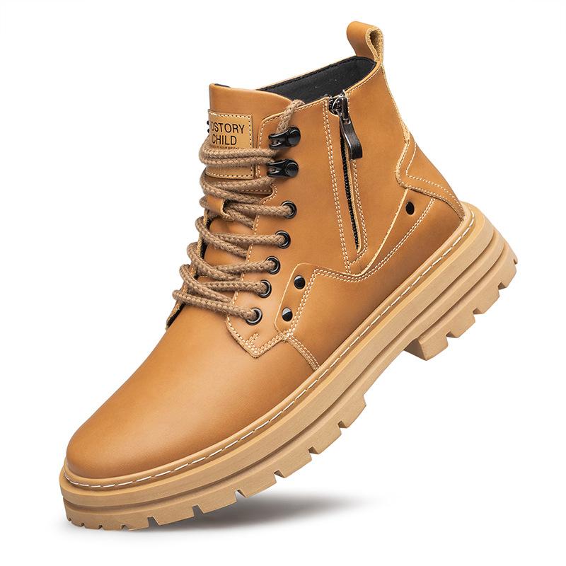 Autumn and winter trend cowhide Martin boots high-top tooling British style invisible inner heightening thick-soled lace-up tooling boots men's boots