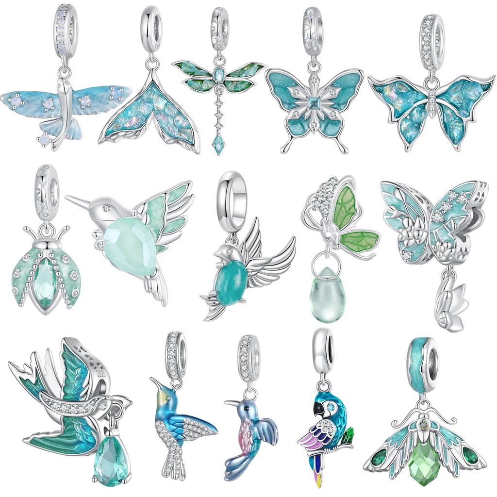 925 Silver Beads Creative Blue-Green Bird Butterfly Insect Spring Series Diy Beaded Bracelet Accessories
