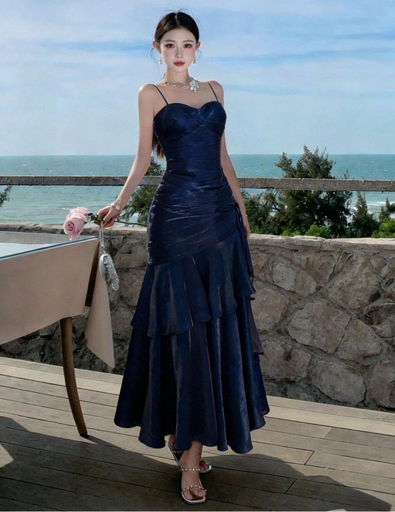 Sanya French Seaside Spaghetti Strap Ruffled Vacation Dress