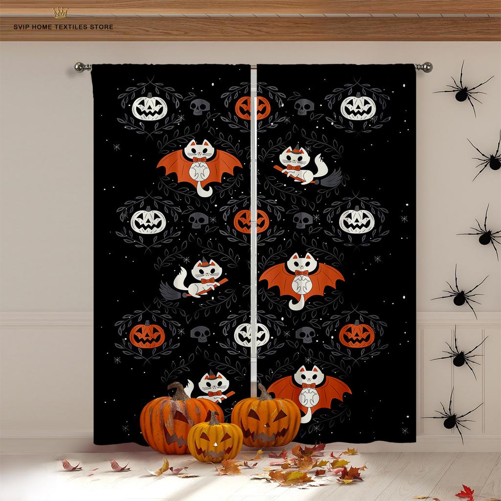 Halloween Horror Pumpkin Cartoon Print Curtains, Blackout, Heat Insulation, Restaurant, Bedroom, Party Decoration