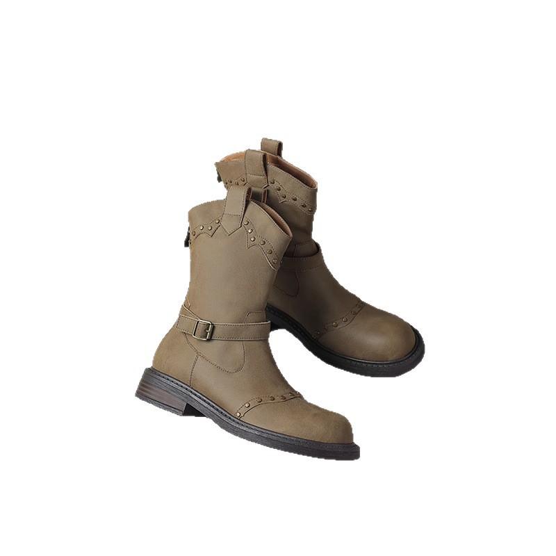 Retro Fashion Simple Generous British Belt Buckle Flat Bottom Rivet Western Boots Knight Boots Short Boots Female Martin Boots