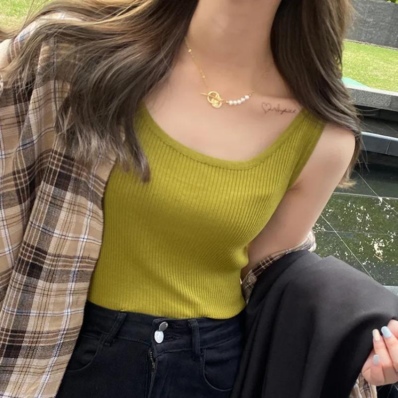 

Women s Ribbed Top Slim-Fit V-Neck Sleeveless Knit Vest S зелений