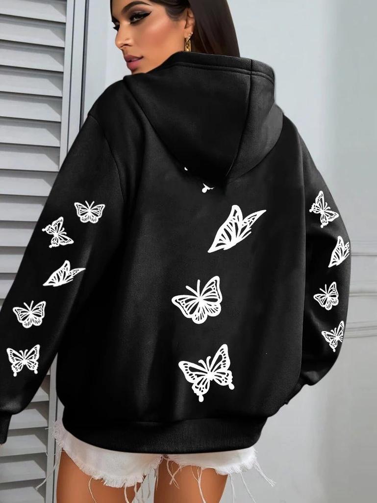 Creative Simple Butterfly Print Women's Hoodie with Pockets - Autumn/Winter Style Sweatshirt Top