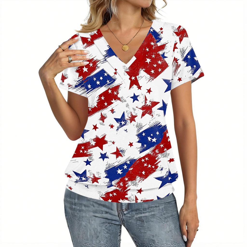 Women's Casual Short Sleeve V Neck Top Independence Day Printed T Shirt Lightweight Comfortable Summer Blouse