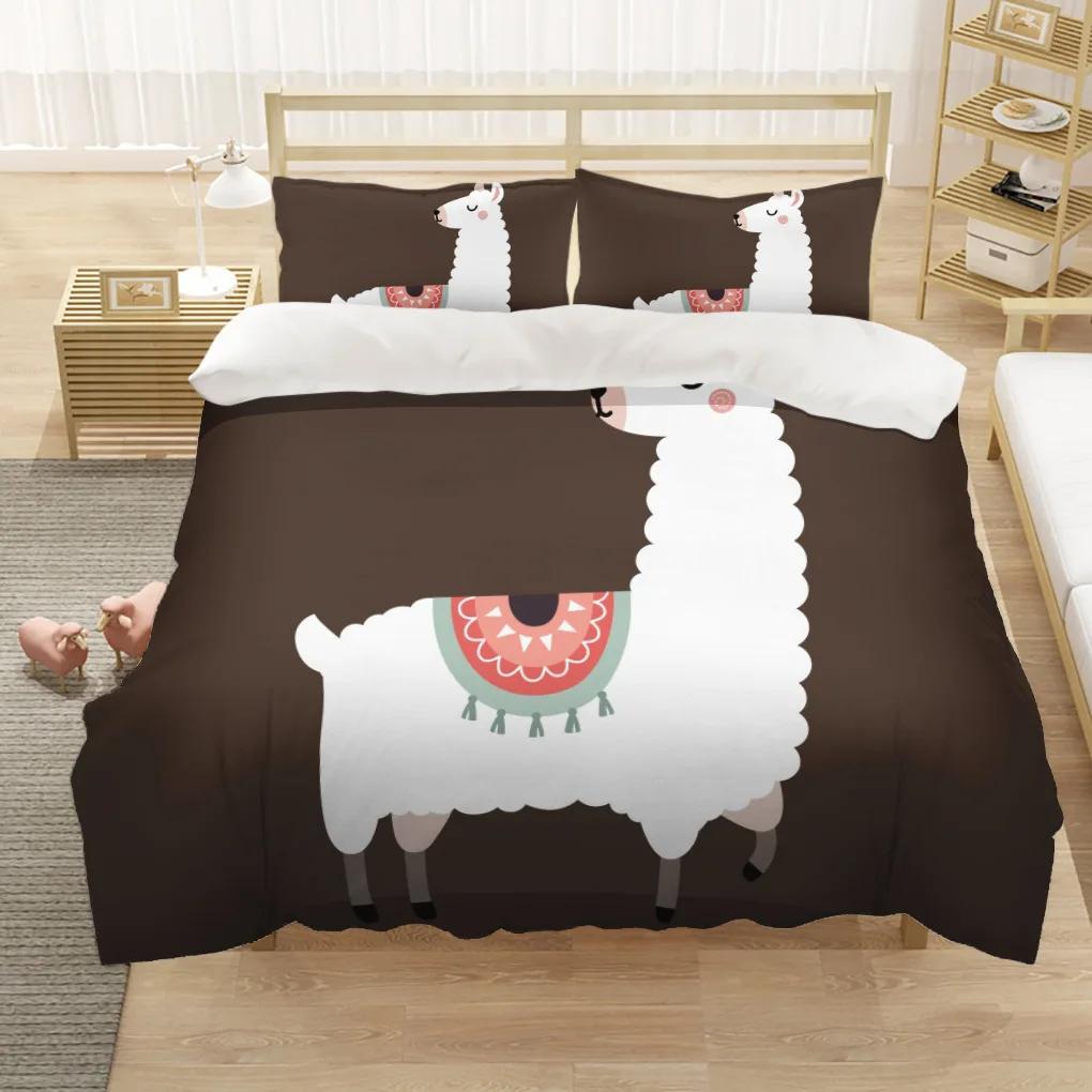 Cartoon Alpaca Duvet Cover King Queen Size Lovely White Animal Bedding Set for Kids Tropical Cactus 2/3pcs Polyester Quilt Cover