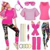 10 Stück/Set Damen 80er Jahre Kostüm für Workouts 80er Jahre Zubehör Set Neon Netz-T-Shirt Beinstulpen Handschuhe Ohrringe Halskette Bauchtasche
