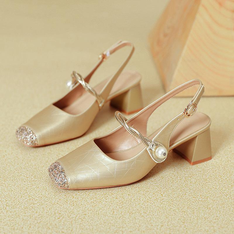 French Mary Jane bag head sandals women's thick heel 2025 new summer silver word with square head empty high heels