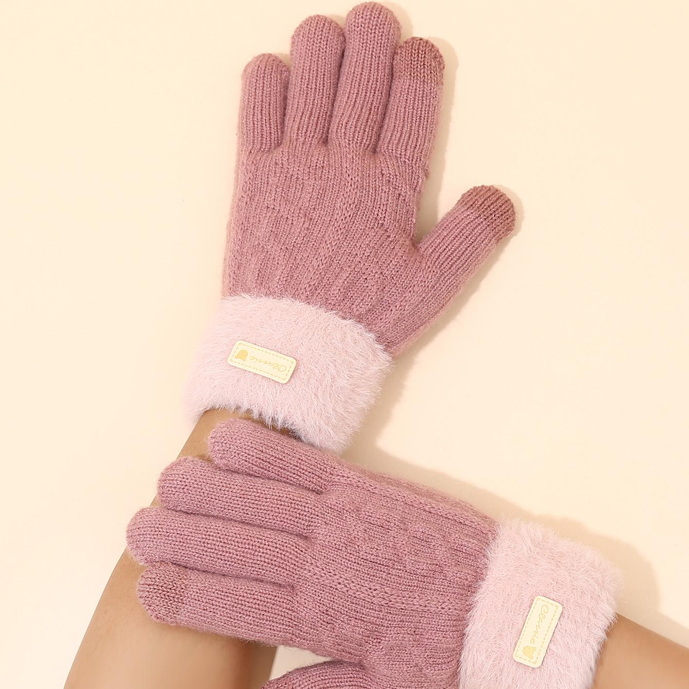 

Зимние женские бархатные и противохолодные вязаные перчатки с теплой пряжей для езды на велосипеде, двухслойные толстые перчатки с разделенными пальцами для сенсорных экранов розовый