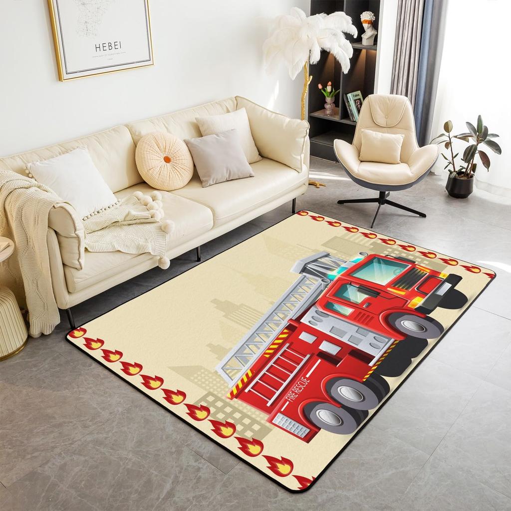 Firefighting Truck Area Rug, Fire Truck Carpet for Teen Boys, Cartoon Emergency Rescue Vehicle Floor Mat for Living Room Bedside