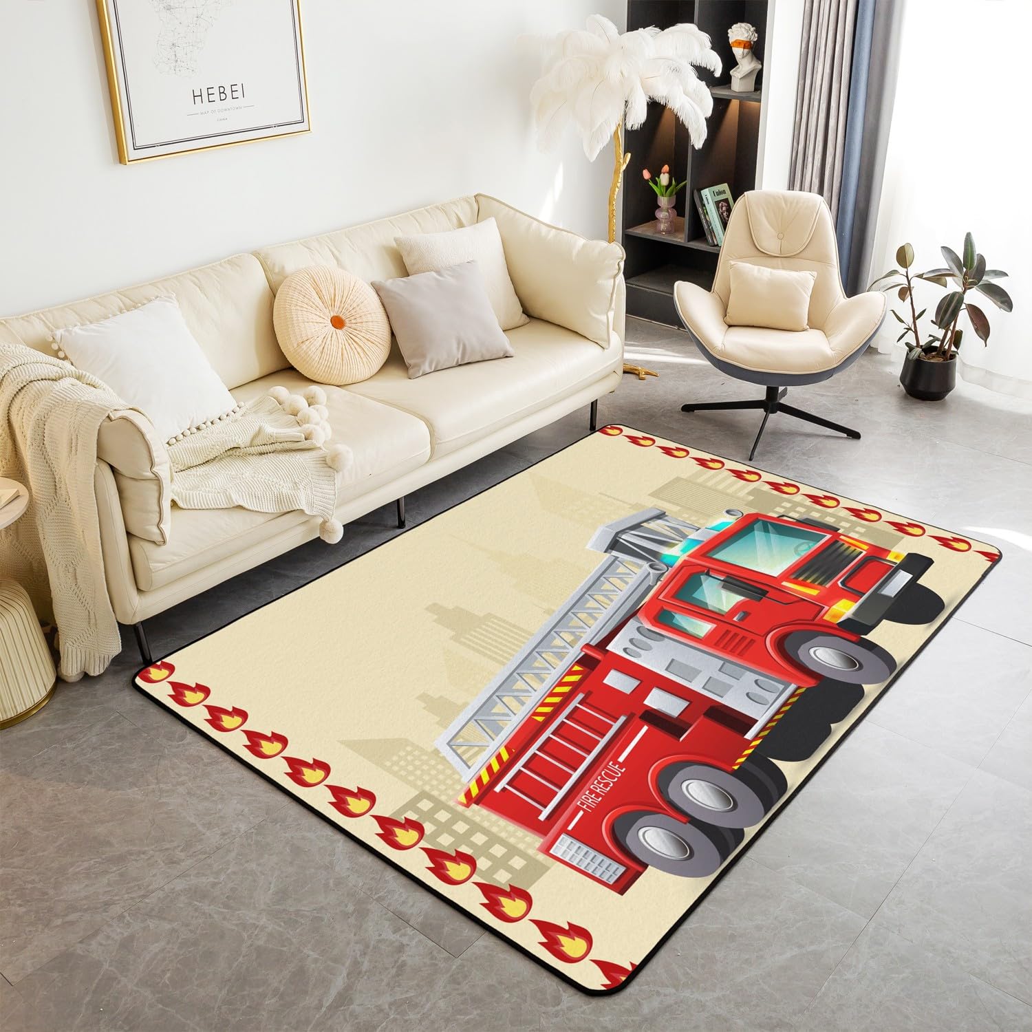 

Килимок з пожежною машиною, Килим з пожежною машиною для хлопчиків-підлітків, Мультяшний килимок для підлоги з аварійно-рятувальним транспортним засобом для вітальні, біля ліжка 160*200cm