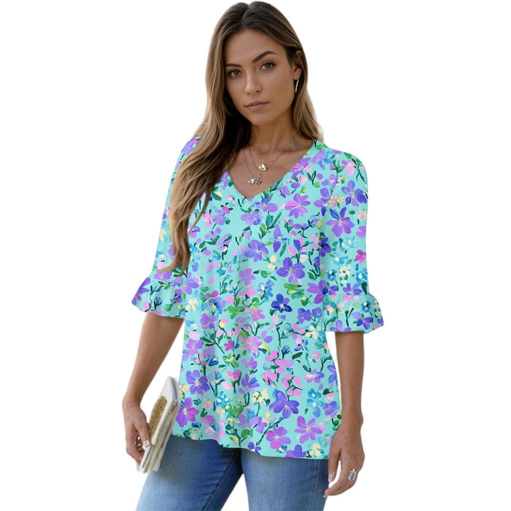 Women's Casual 3/4 Sleeve Tops V-Neck Sleeve T-Shirt Floral Print Tops