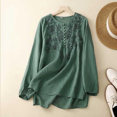 Women Casual Cotton Linen Blouse Shirts Korean Fashion Long Sleeved Oversize Tops And Blouses Embroidery Button Crewneck Loose Blusas