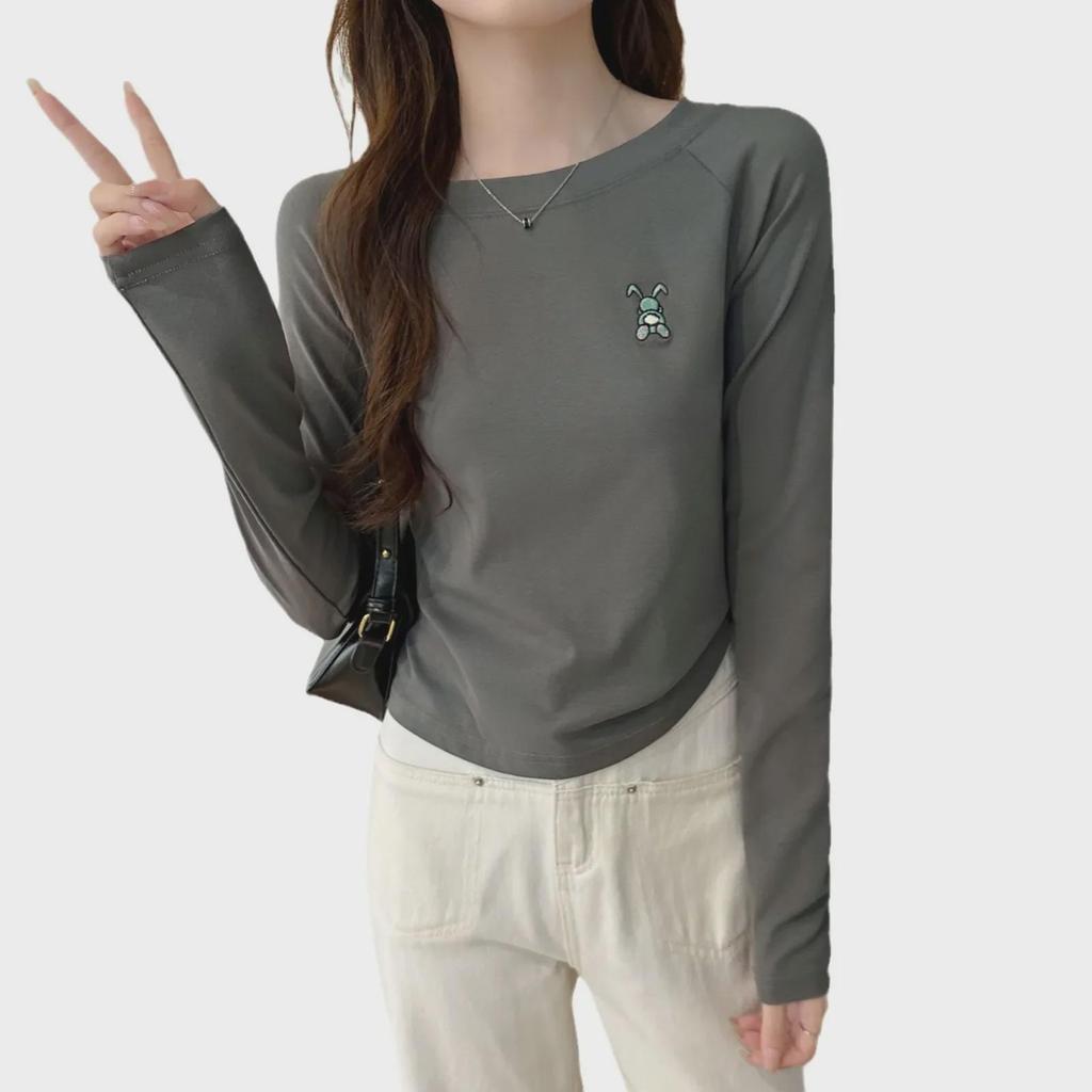 Damen 2024 Herbst Slim Fit Baumwolle Langarm Rundhals Besticktes Oberteil