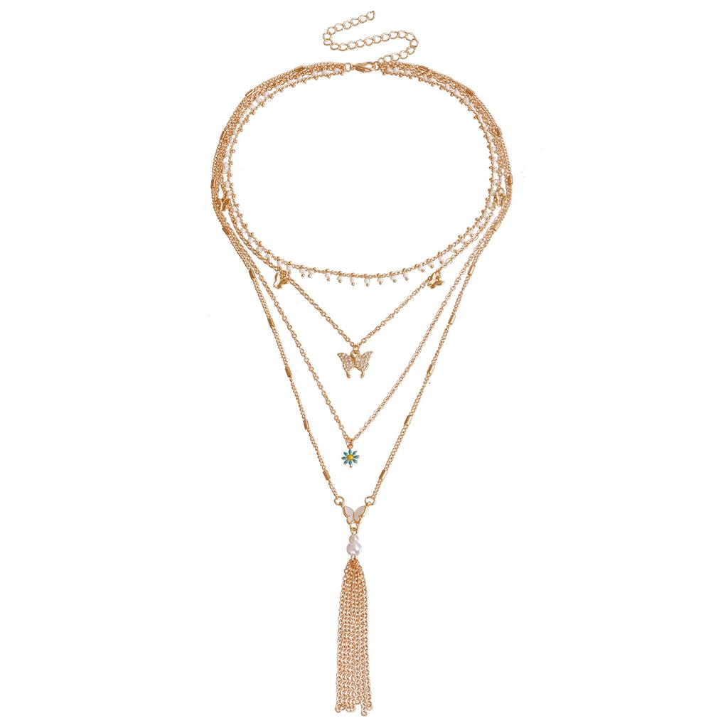 Multi-layer retro diamond-encrusted butterfly fringed pendant necklace fashionable sexy collarbone chain