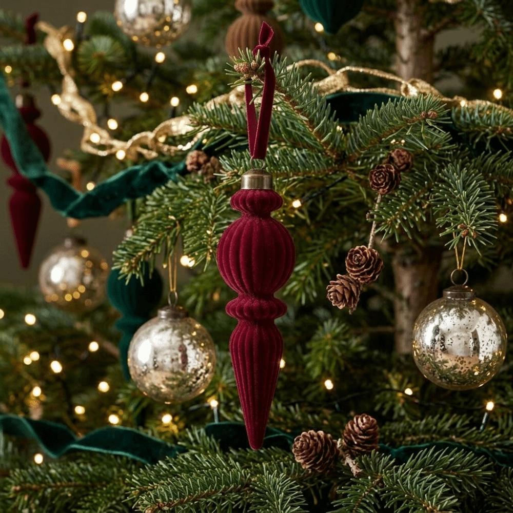 6PCS Oddly Shaped Velvet Christmas Ball Set Solid Color Long Finial Hanging Ornaments Christmas