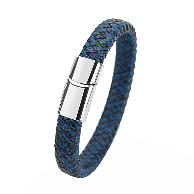 Retro Genuine Leather Men's Woven Cord Bracelet with Magnetic Buckle