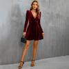 2025 European & American Autumn/Winter V-neck Puff Sleeve A-line Velvet Dress