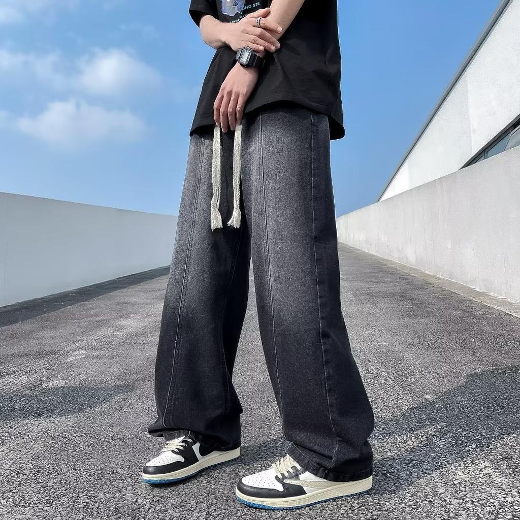 JYL Men's Straight Jeans Summer Hong Kong Style Elastic Waist Loose Wide-Leg Denim Pants