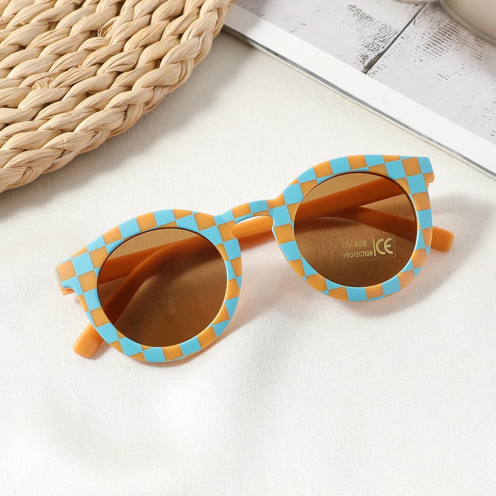 

New Cute Checker Panel Round UV400 Sunglasses for Baby Girls Kids Outdoor Sun Protection 3-12 Years old