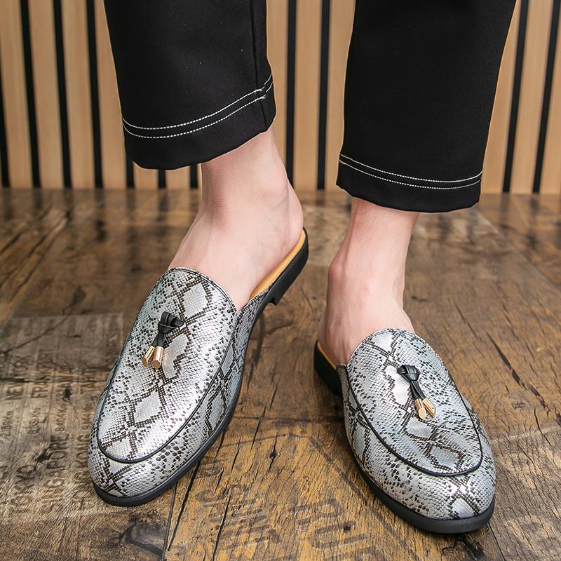 Fashion Men's Summer Snake Print Large Size Loafers Slip-On Mule Shoes Breathable Casual Leather Sandals Comfortable Flats Slippers