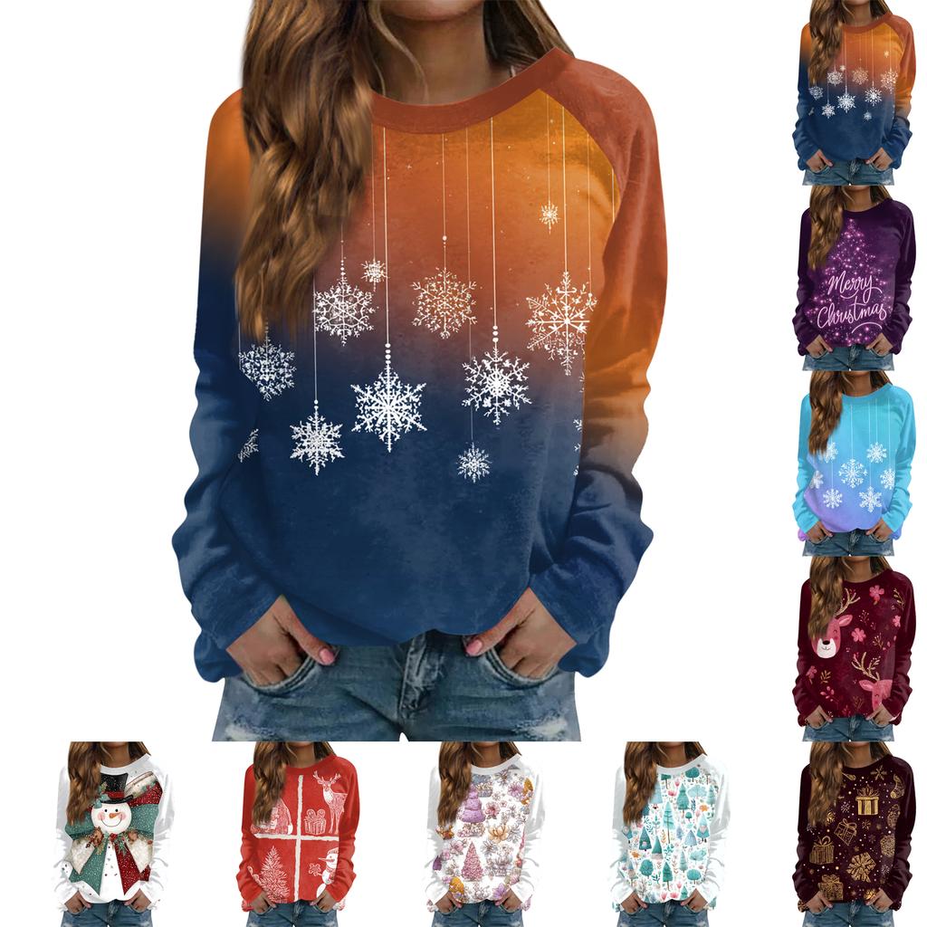 Women's Fashion Casual Long Sleeve Christmas Printed  Neck Sweatshirt Top