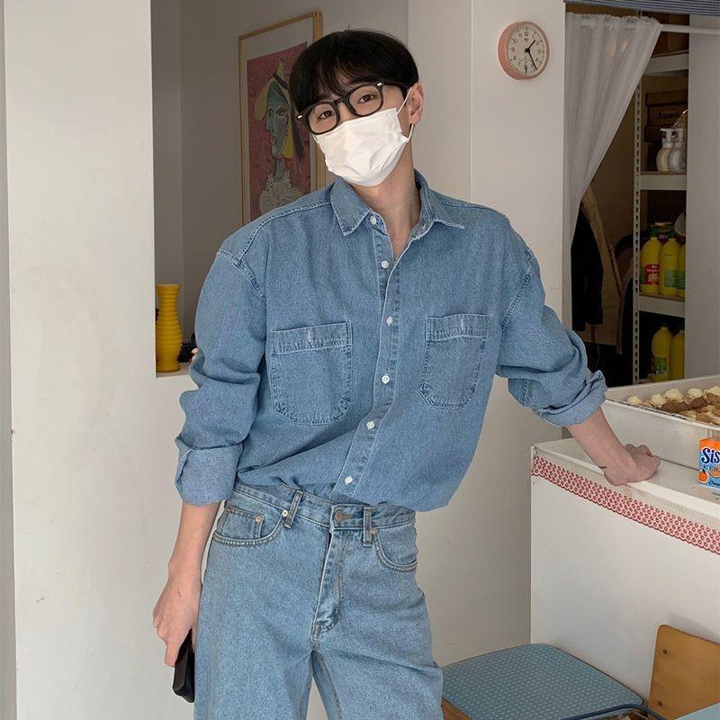 

Men Light Blue Denim Shirt Long Sleeve Button Up Casual Top M синий