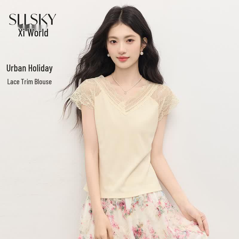 SLLSKY Women s Lace V-neck T-shirt L