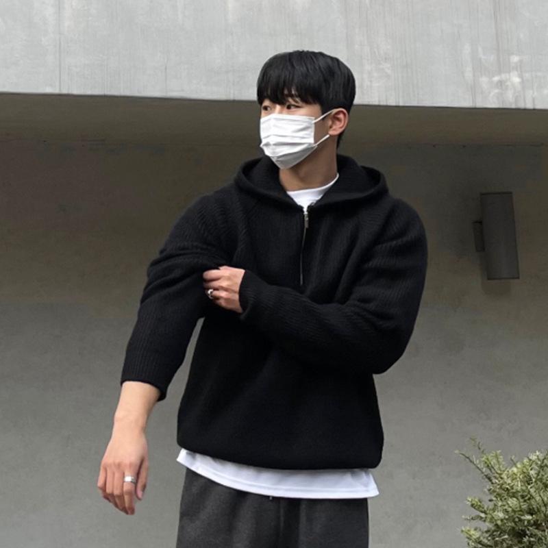 

Men s Trendy High-Grade Half-Zip Hooded Sweater: Spring/Autumn Thickened Lazy Style Heavy Coat 3XL чорний