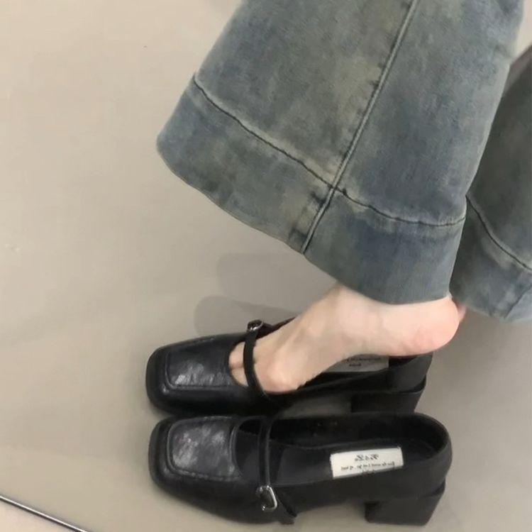 French Retro Black Small Leather Shoes Women's Autumn New Square Head Thick Heel Mary Jane Word with High Heel Temperament Single Shoes
