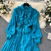 Autumn Women Vintage Printed Pleated Long Dress Female Red/Green/Blue/Yellow Draped Ruffle Single Breasted Maxi Robe Vacation Dresses