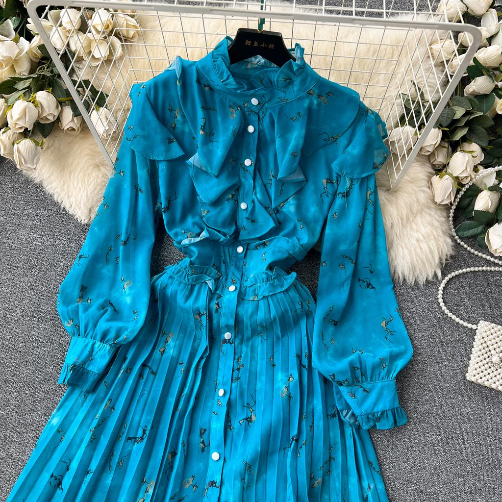 Autumn Women Vintage Printed Pleated Long Dress Female Red/Green/Blue/Yellow Draped Ruffle Single Breasted Maxi Robe Vacation Dresses