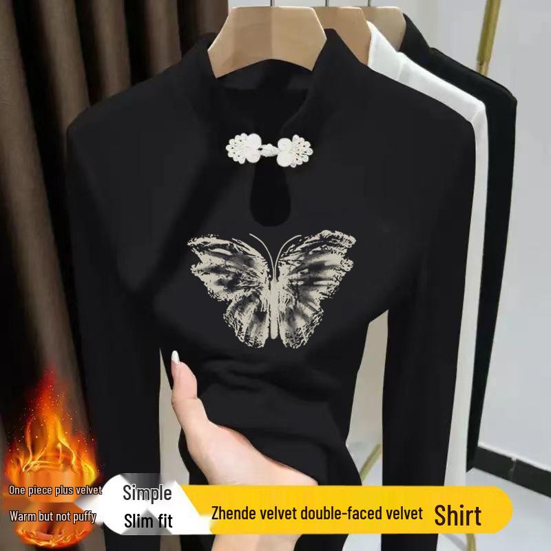 

Женская осенне-зимняя футболка с воротником-стойкой и застежкой-лягушкой: Китайский стиль, теплый и универсальный с принтом в виде капель воды 2XL (65-72.5 kg)