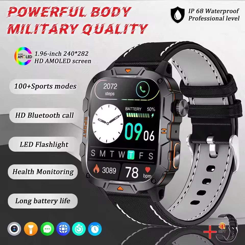 2025 New Military Grade Smart Watches Men 1.96" AMOLED 5ATM Waterproof Sports FitnessTracker BT Call Smartwatches Women For IOS