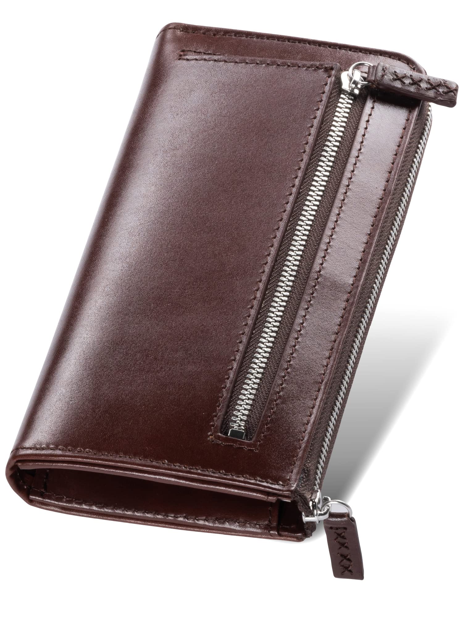 

Mura Women s Slim Genuine Leather Long Wallet with L-Shaped Zipper and RFID Protection (Dark Brown)
