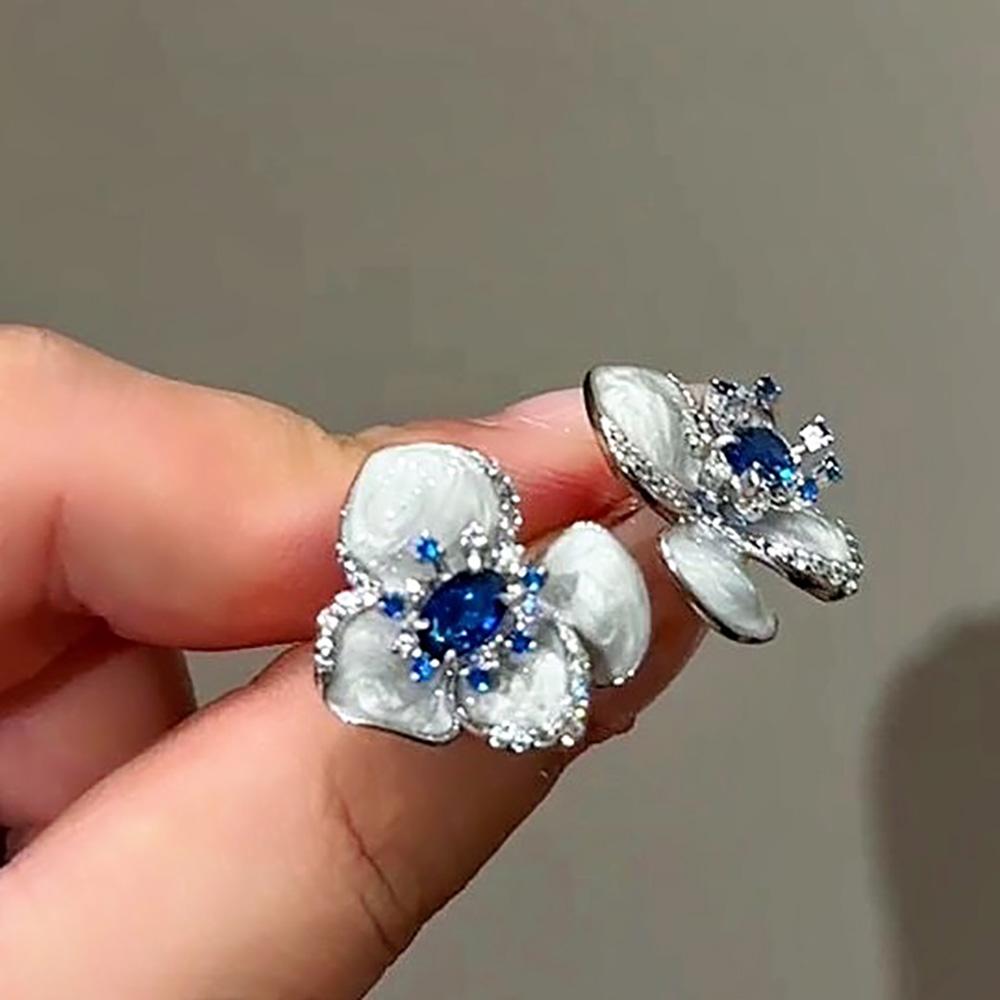 Cute Blue Flower Oil Drip Stud Earring for Women Girl Elegant Crystal Zircon Square Geometric Temperament Fashion Jewelry Gift