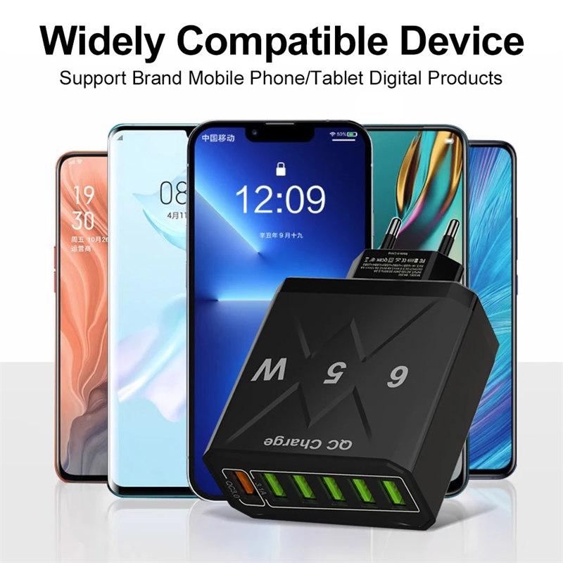 65W 6 Ports USB Charger Fast Charging QC3.0 Travel Charger for IPhone 14 Samsung Xiaomi Mobile Phone Adapter EU KR US UK Plug