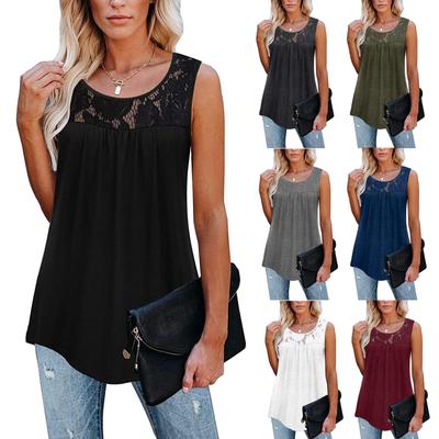 Women's Sleeveless Lace O-Neck Active Tank Tops Ruffle Loose Tunic Blouse Shirt