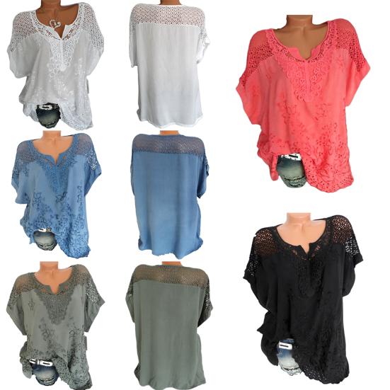 Fashion Women Hollow Out Lace Short Sleeve Blouse Top Summer Casual T-Shirt