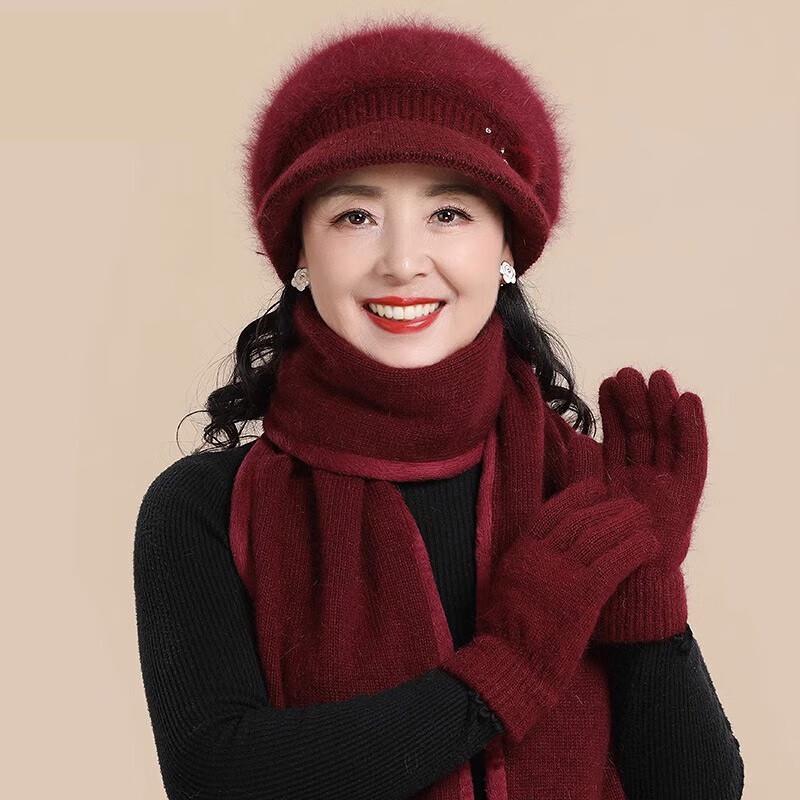 Elderly Women's Plush Lined Rabbit Fur Winter Hat, Scarf, & Gloves Set