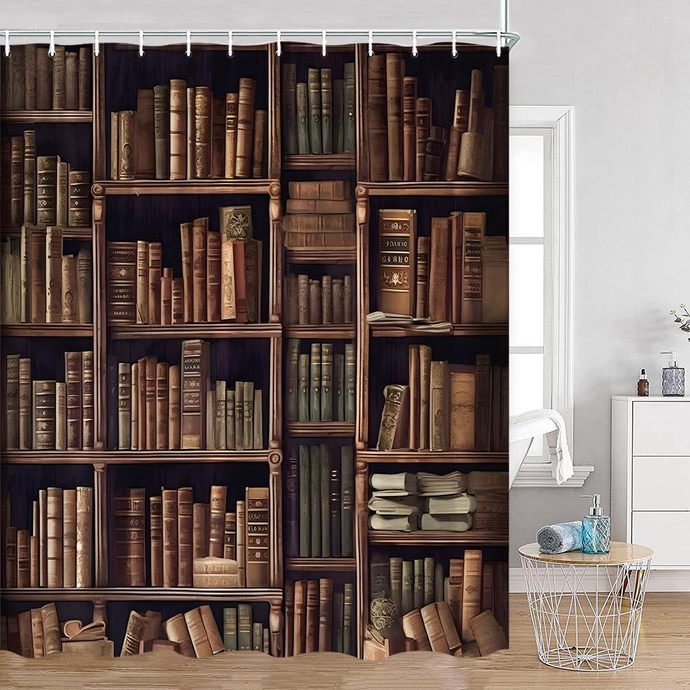 Vintage Bücherregal Duschvorhänge Retro Bibliothek Europäischer Stil Bücherregale Badezimmer Dekorationen zum Studieren Retro Badvorhang