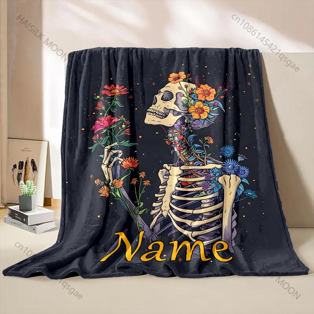 1PC Custom Name Blanket Skeleton Love Mushrooms Printed All-Season Soft Warm Blanket for Adults and Children Halloween Gift