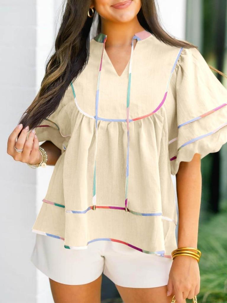 Women's Babydoll V Neck Blouse Short Lantern Sleeve Loose Peplum Flowy Top