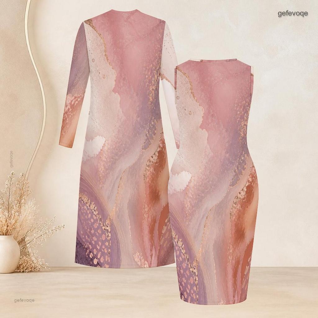 Women Plus Size Two Piece Set Long Sleeve Open Front Cardigan Round Neck Sleeveless Bodycon Dress Blue Black Gold Printed