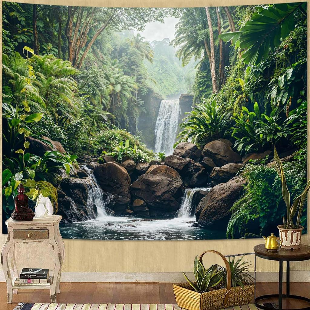 Zussun Natural Forest Tapestry Green Tree Wall Tapestry Bedroom Aesthetic Plant Stream Pool Landscape Small Tapestry Wall Hangin