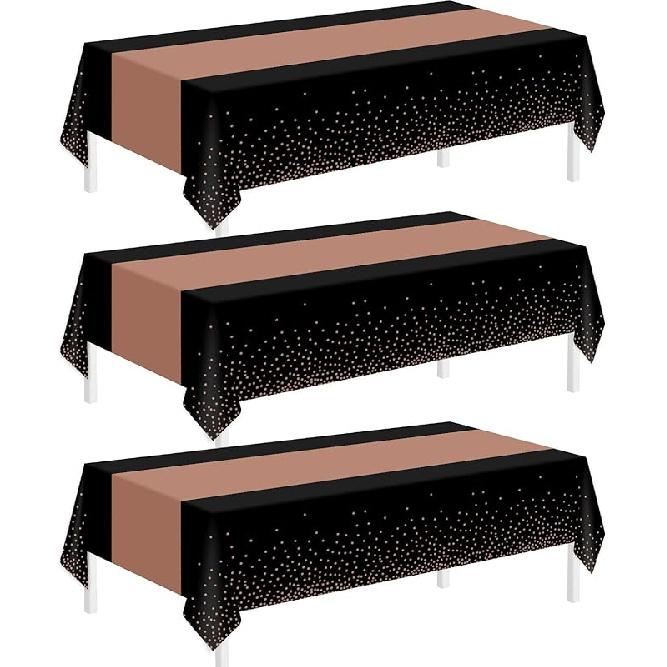 Childom 3 Pack Black and Gold Tablecloths for Events,54"x108" Plastic Table Cloths for Rectangle Tables,Disposable Party Table Covers for New Years